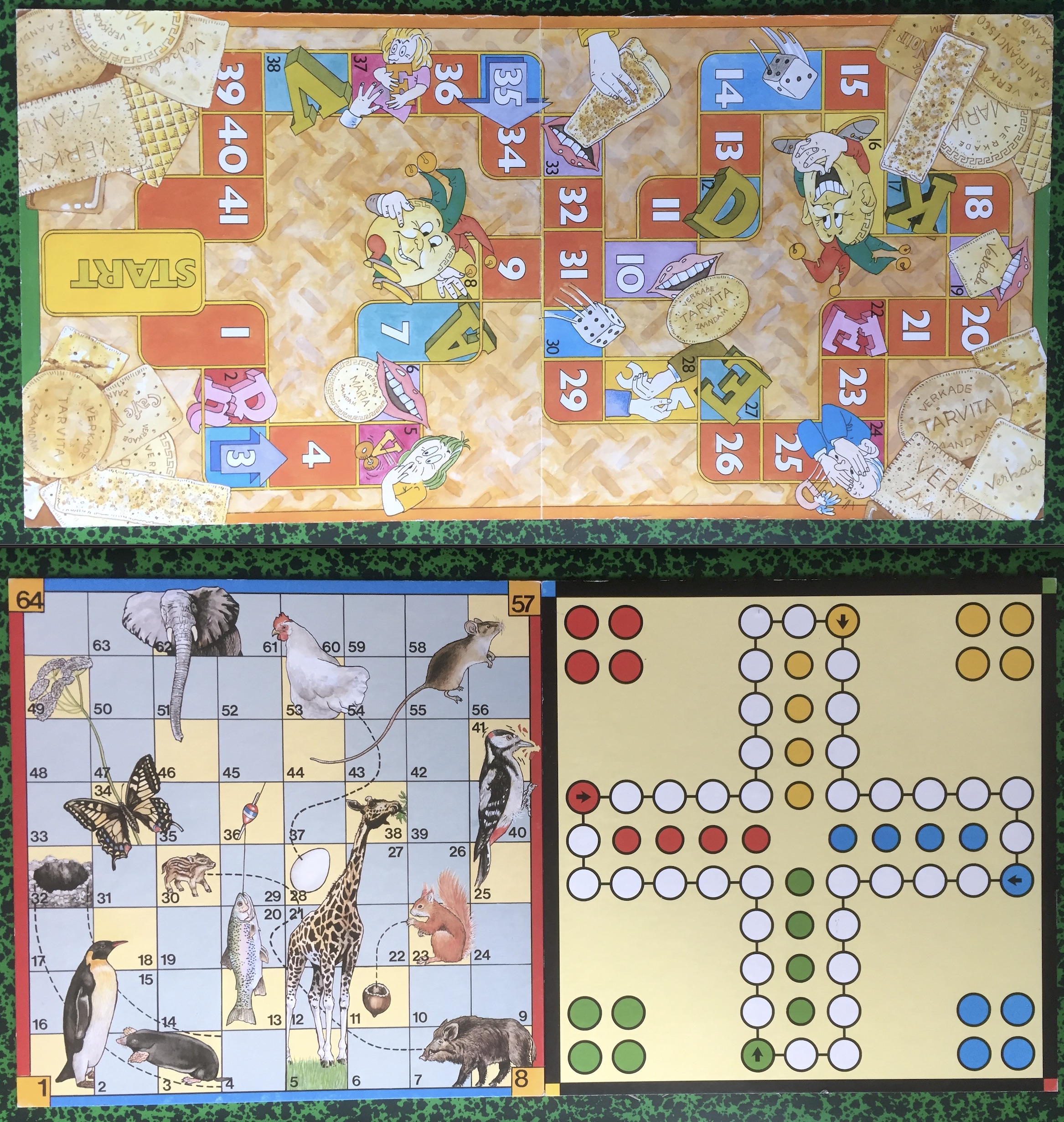 Spelverzameling van Verkade: Ganzenbord, Mens Erger Je Niet, Slangen en Ladders