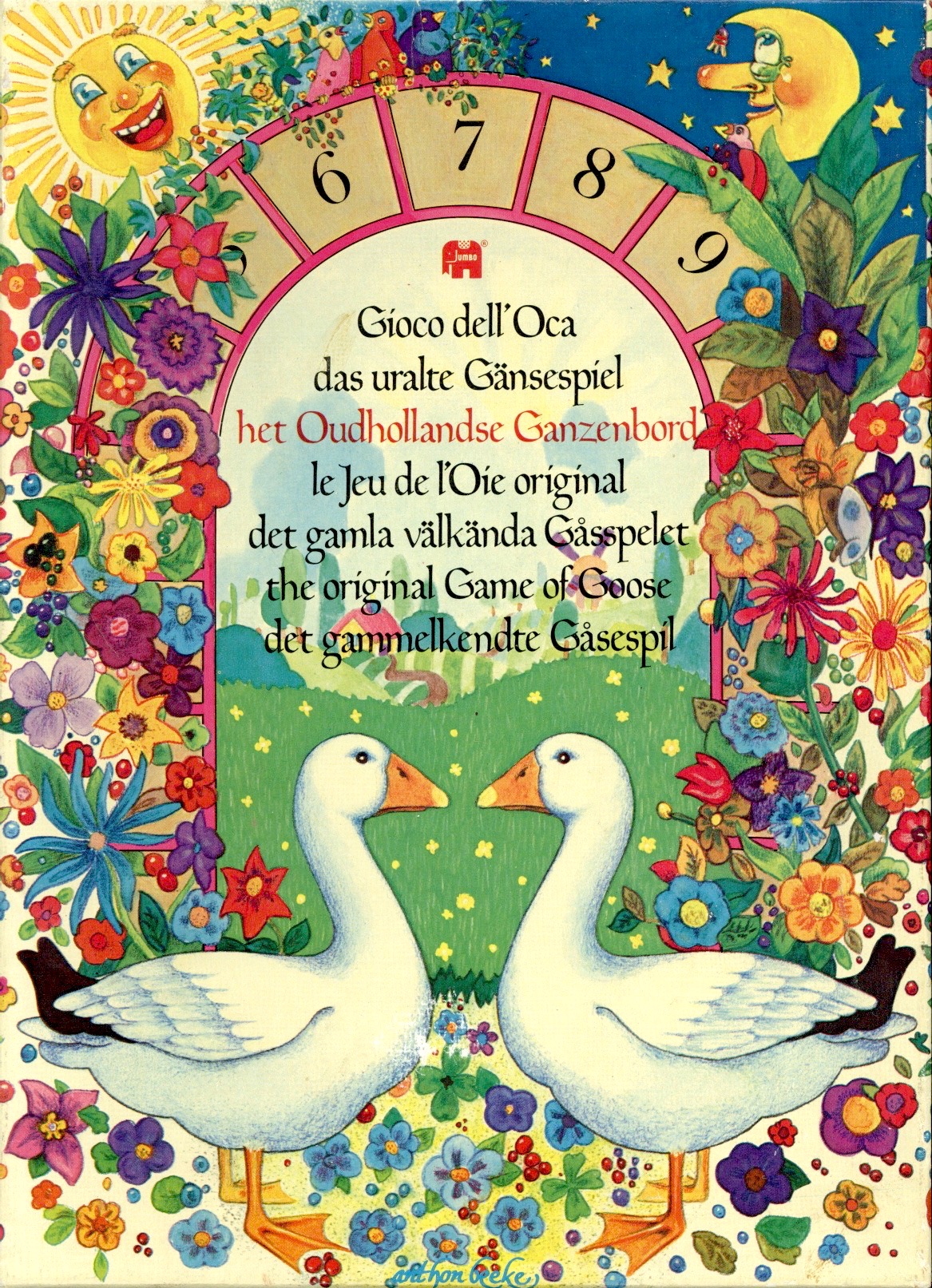 Het Oudhollandse Ganzenbord (klein, meertalig, rode tekst)